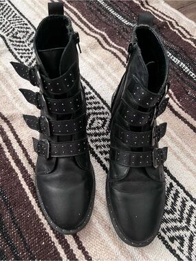 Black Studded Buckle Combat Boots - Women
